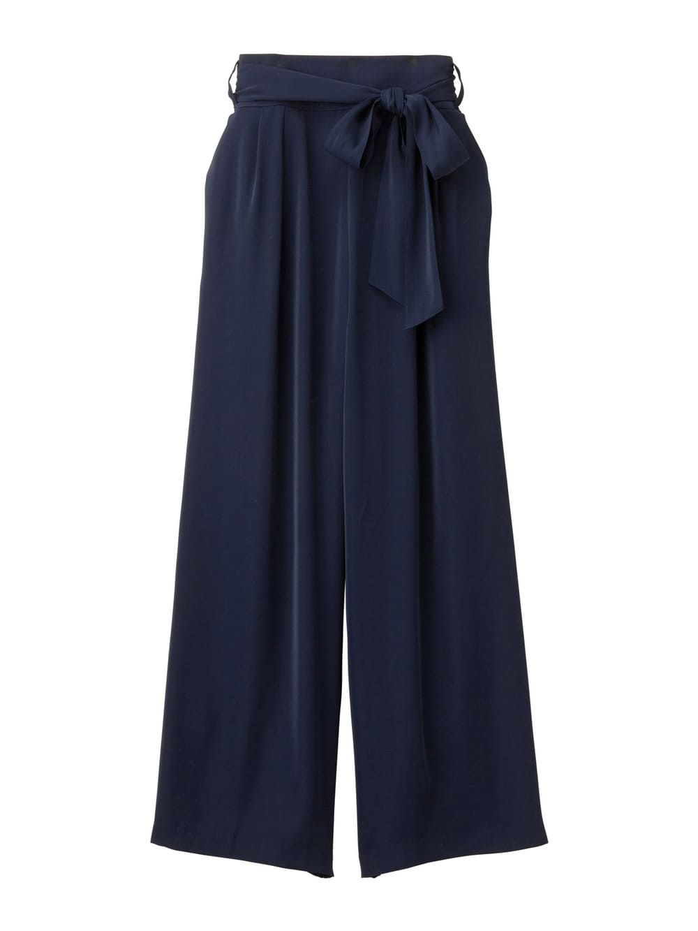 マタニティ パンツ|【産前産後対応】ハイクォリティジョーゼットリボン付ワイドパンツ【出産後も長く使える】|ネイビー