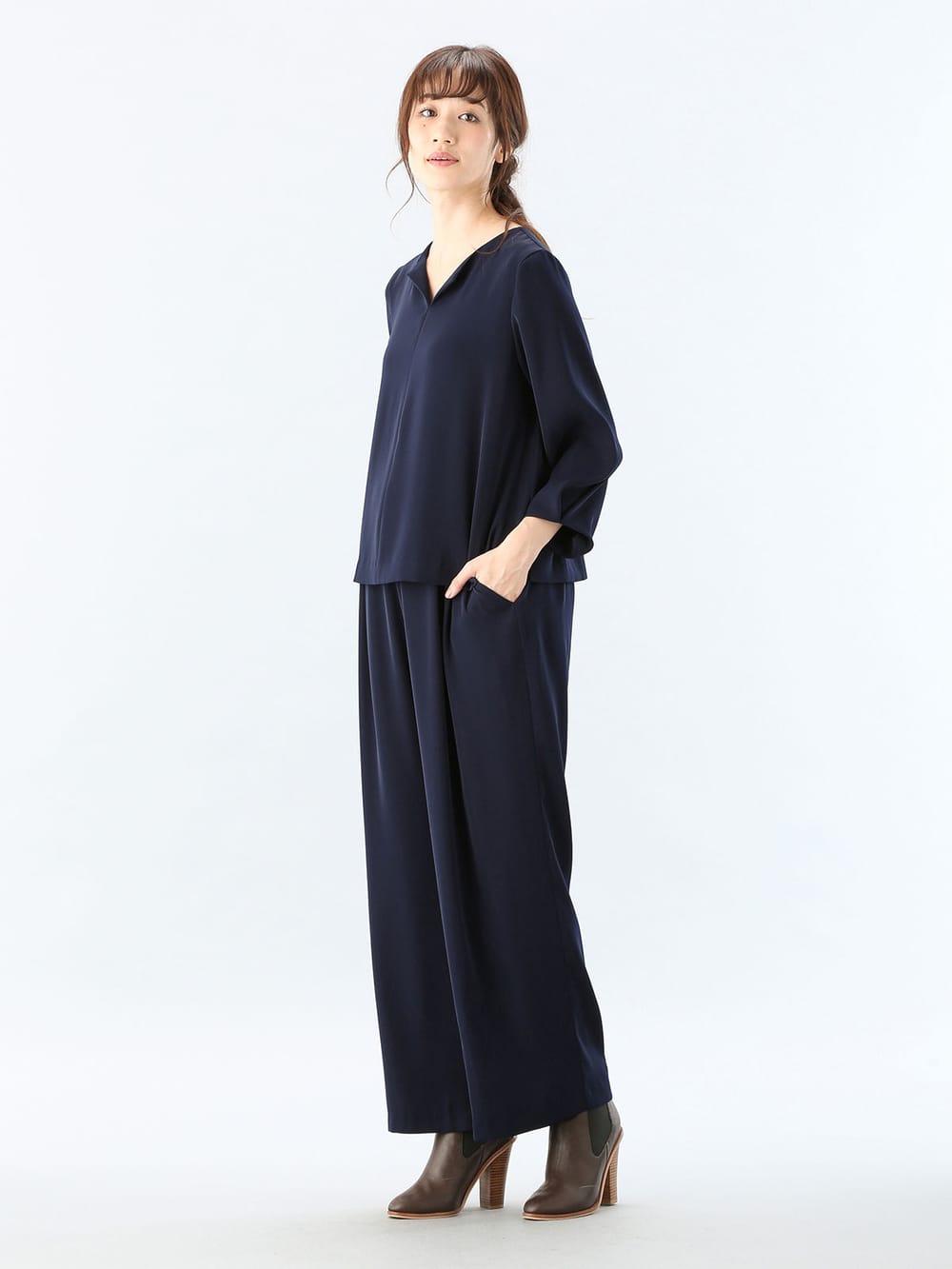 マタニティ パンツ|【産前産後対応】ハイクォリティジョーゼットリボン付ワイドパンツ【出産後も長く使える】|ネイビー