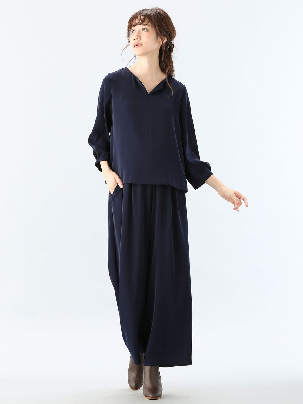 マタニティ パンツ|【産前産後対応】ハイクォリティジョーゼットリボン付ワイドパンツ【出産後も長く使える】|ネイビー