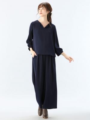 マタニティ パンツ|【産前産後対応】ハイクォリティジョーゼットリボン付ワイドパンツ【出産後も長く使える】|ネイビー