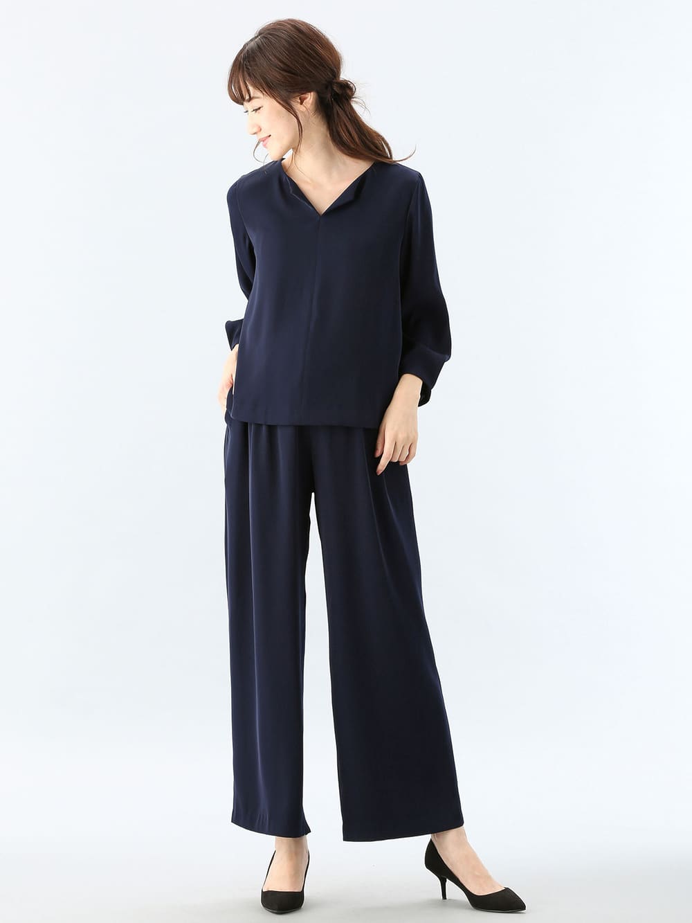 マタニティ パンツ|【産前産後対応】ハイクォリティジョーゼットリボン付ワイドパンツ【出産後も長く使える】|ネイビー