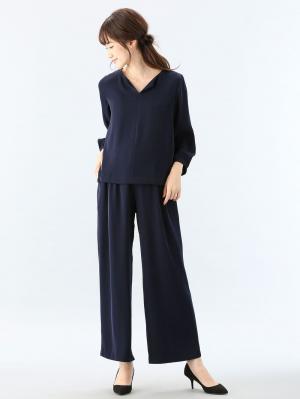 マタニティ パンツ|【産前産後対応】ハイクォリティジョーゼットリボン付ワイドパンツ【出産後も長く使える】|ネイビー