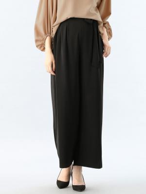 マタニティ パンツ|【産前産後対応】ハイクォリティジョーゼットリボン付ワイドパンツ【出産後も長く使える】|ブラック