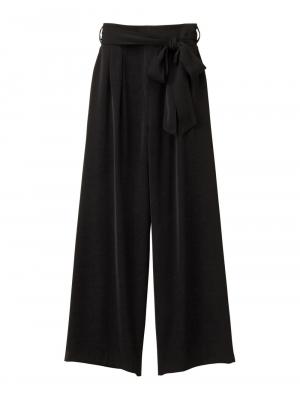 マタニティ パンツ|【産前産後対応】ハイクォリティジョーゼットリボン付ワイドパンツ【出産後も長く使える】|ブラック