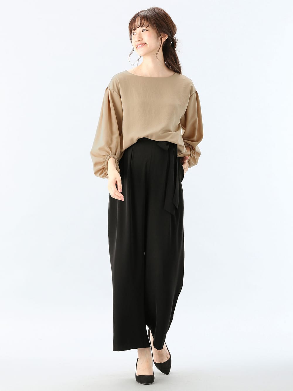 マタニティ パンツ|【産前産後対応】ハイクォリティジョーゼットリボン付ワイドパンツ【出産後も長く使える】|ブラック