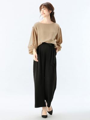 マタニティ パンツ|【産前産後対応】ハイクォリティジョーゼットリボン付ワイドパンツ【出産後も長く使える】|ブラック