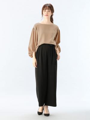 マタニティ パンツ|【産前産後対応】ハイクォリティジョーゼットリボン付ワイドパンツ【出産後も長く使える】|ブラック