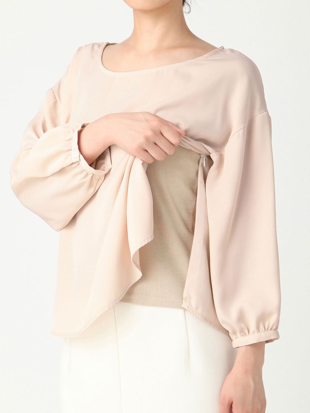 アウトレット|【セットアップ可】ツイルクルーネックブラウス　マタニティ・授乳服【出産後も長く使える】