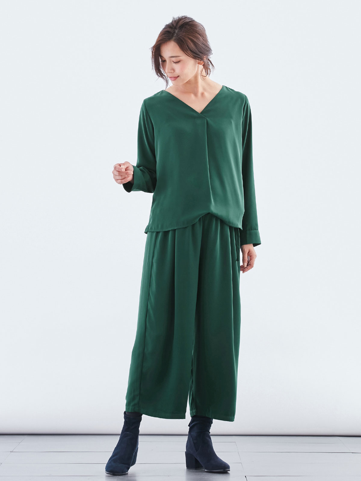 マタニティ パンツ|【産前産後対応】【セットアップ可】ツイルワイドパンツ【出産後も長く使える】|グリーン