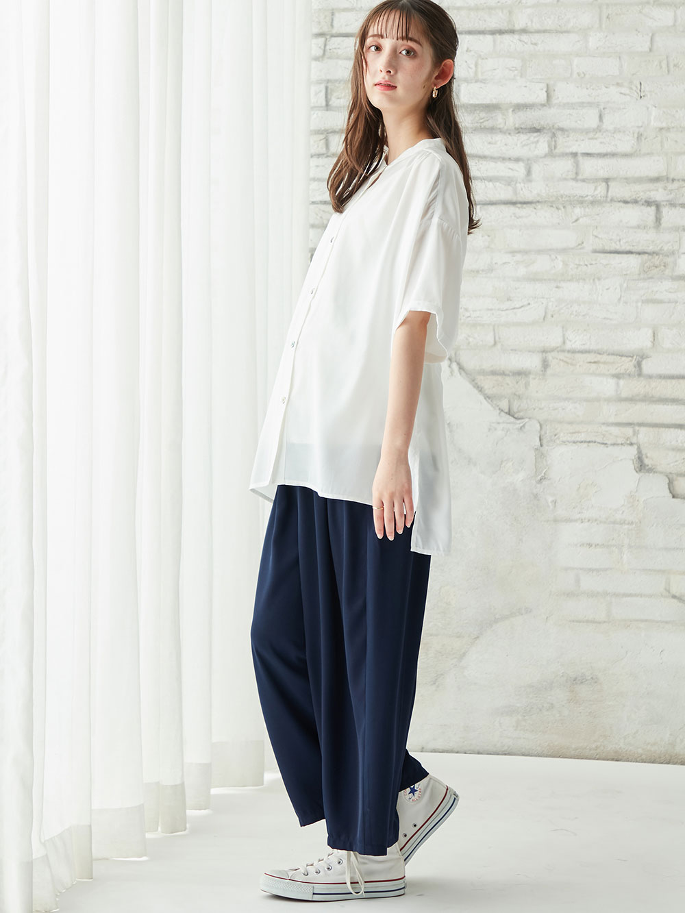 マタニティ パンツ|【産前産後対応】【セットアップ可】ツイルワイドパンツ【出産後も長く使える】|ネイビー