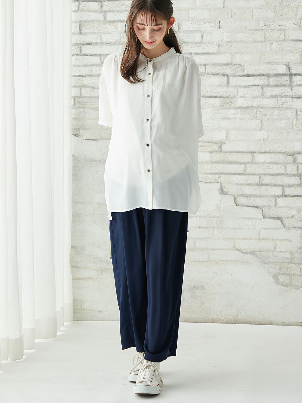 マタニティ パンツ|【産前産後対応】【セットアップ可】ツイルワイドパンツ【出産後も長く使える】|ネイビー