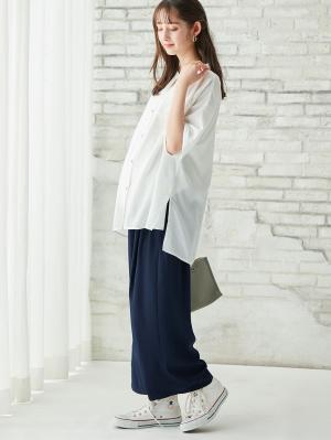 マタニティ パンツ|【産前産後対応】【セットアップ可】ツイルワイドパンツ【出産後も長く使える】|ネイビー