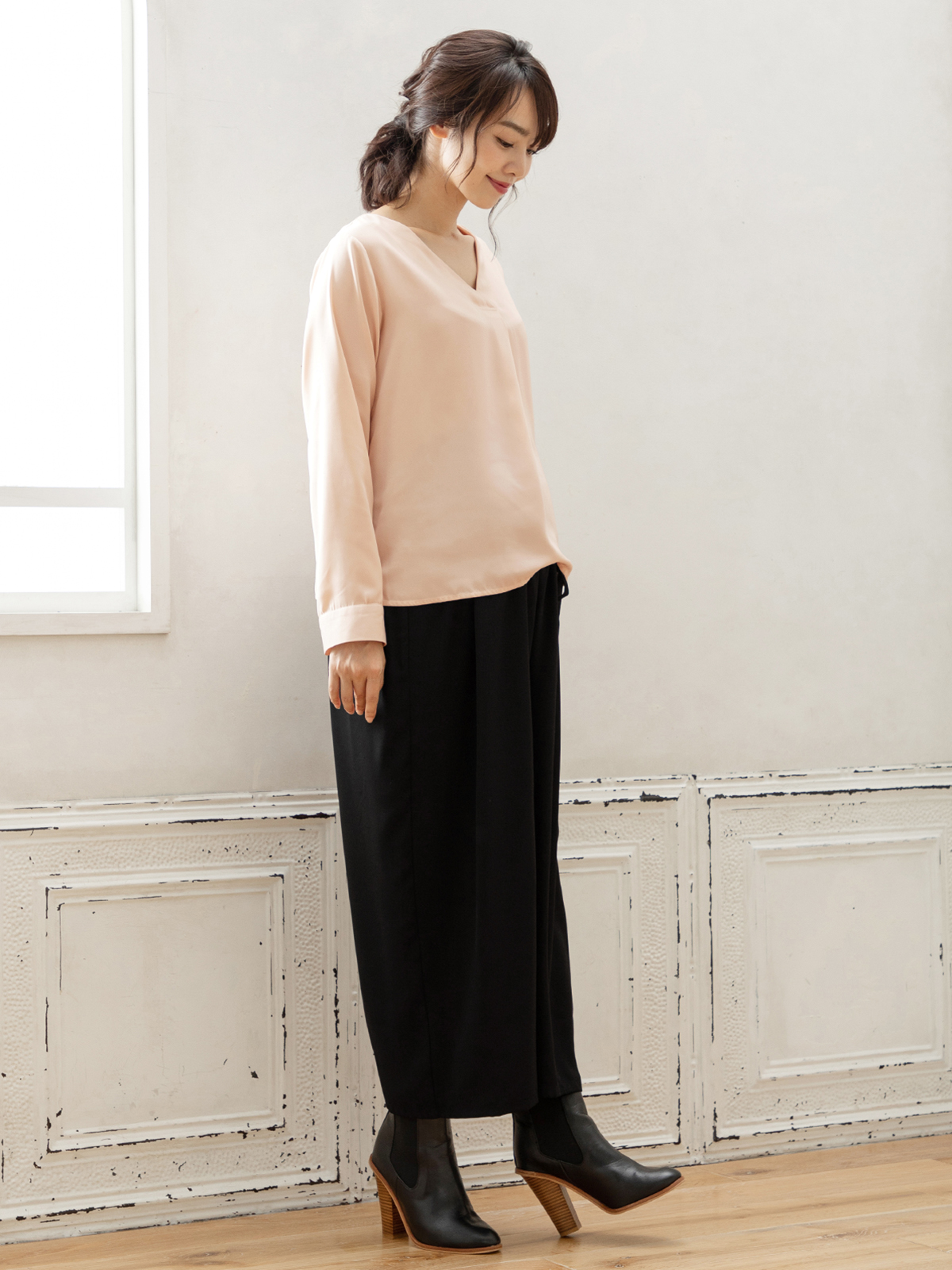 マタニティ パンツ|【産前産後対応】【セットアップ可】ツイルワイドパンツ【出産後も長く使える】|ブラック