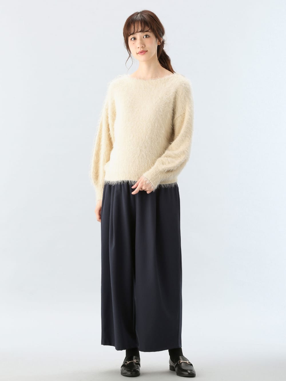 株主優待カテゴリー|【産前産後対応】T/Rツイルタックワイドパンツ|ネイビー