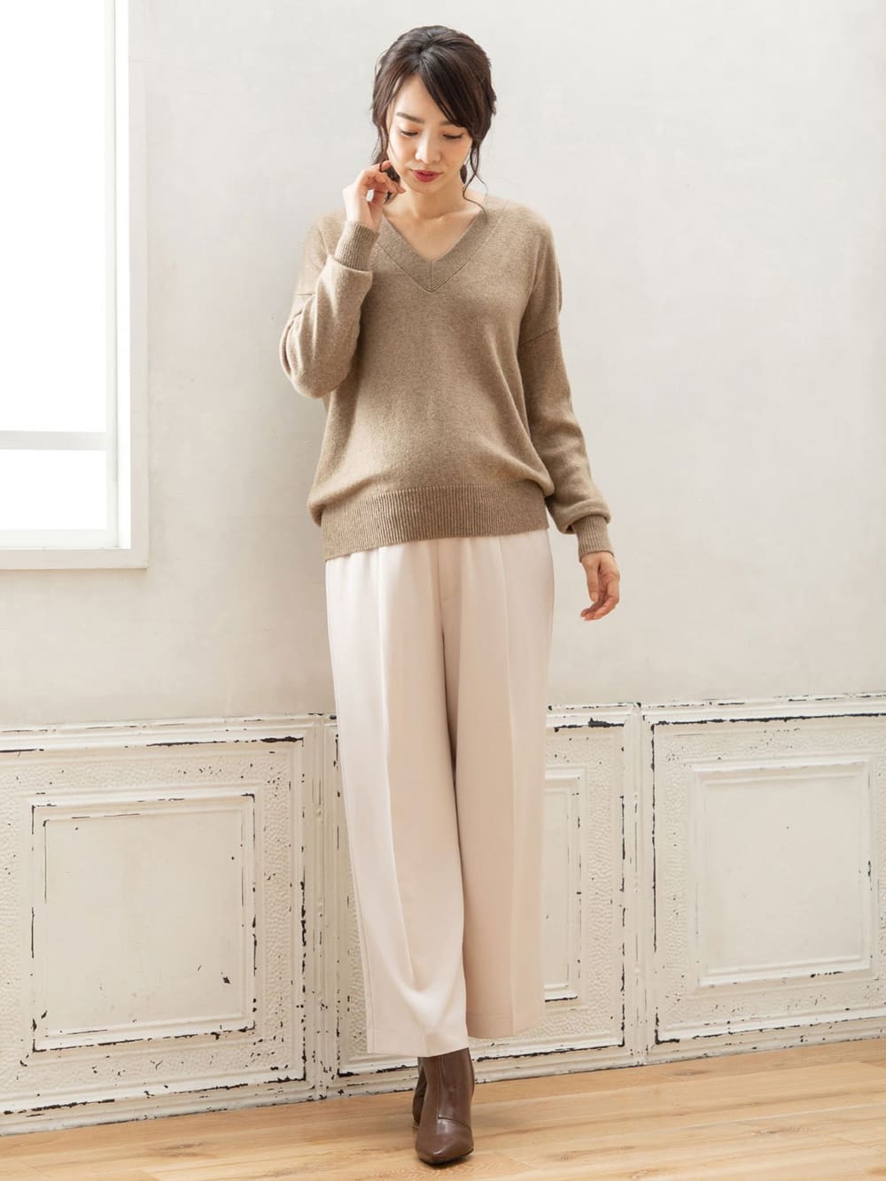 産前産後対応 センタープレスナチュラルワイドクロップドパンツ マタニティウェア 授乳服通販 エンジェリーベ 公式
