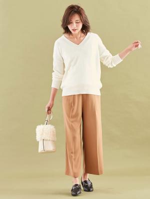 マタニティ パンツ|【産前産後対応】センタープレスナチュラルワイドクロップドパンツ【出産後も長く使える】|ベージュ