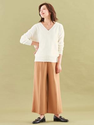 マタニティ パンツ|【産前産後対応】センタープレスナチュラルワイドクロップドパンツ【出産後も長く使える】|ベージュ