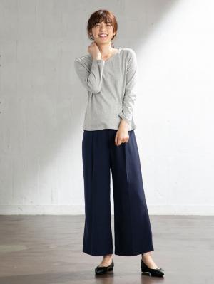 マタニティ パンツ|【産前産後対応】センタープレスナチュラルワイドクロップドパンツ【出産後も長く使える】|ネイビー