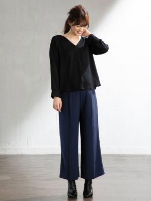 マタニティ パンツ|【産前産後対応】センタープレスナチュラルワイドクロップドパンツ【出産後も長く使える】|ネイビー