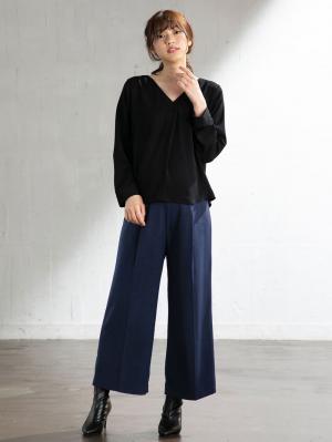 マタニティ パンツ|【産前産後対応】センタープレスナチュラルワイドクロップドパンツ【出産後も長く使える】|ネイビー