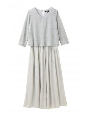 八分袖異素材ギャザーロングワンピース　マタニティ・授乳服 22920