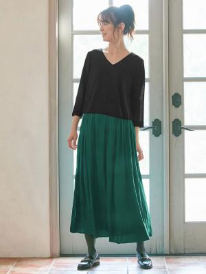 マタニティ ワンピース|八分袖異素材ギャザーロングワンピース　マタニティ・授乳服|ブラック×グリーン