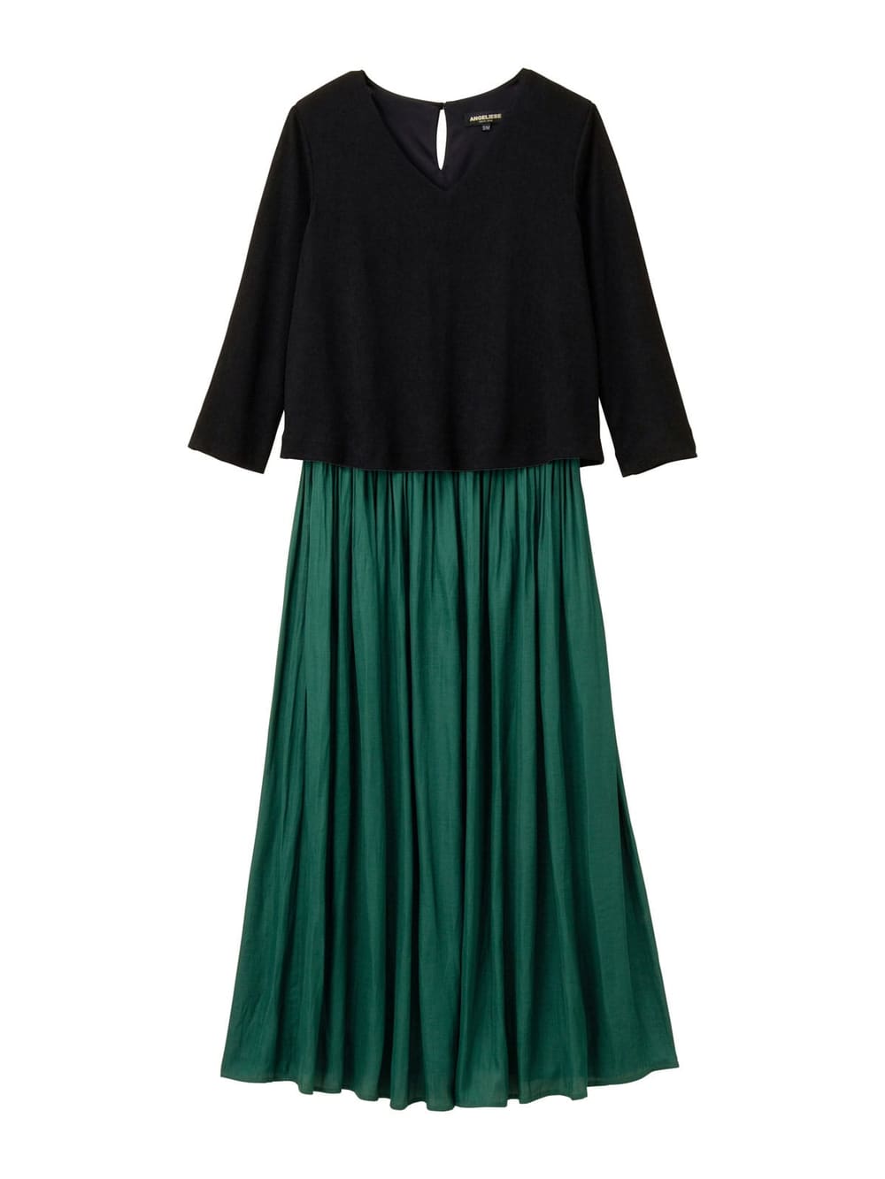 マタニティ ワンピース|八分袖異素材ギャザーロングワンピース　マタニティ・授乳服|ブラック×グリーン