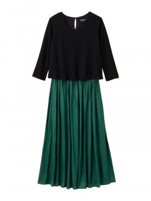 マタニティ ワンピース|八分袖異素材ギャザーロングワンピース　マタニティ・授乳服|ブラック×グリーン