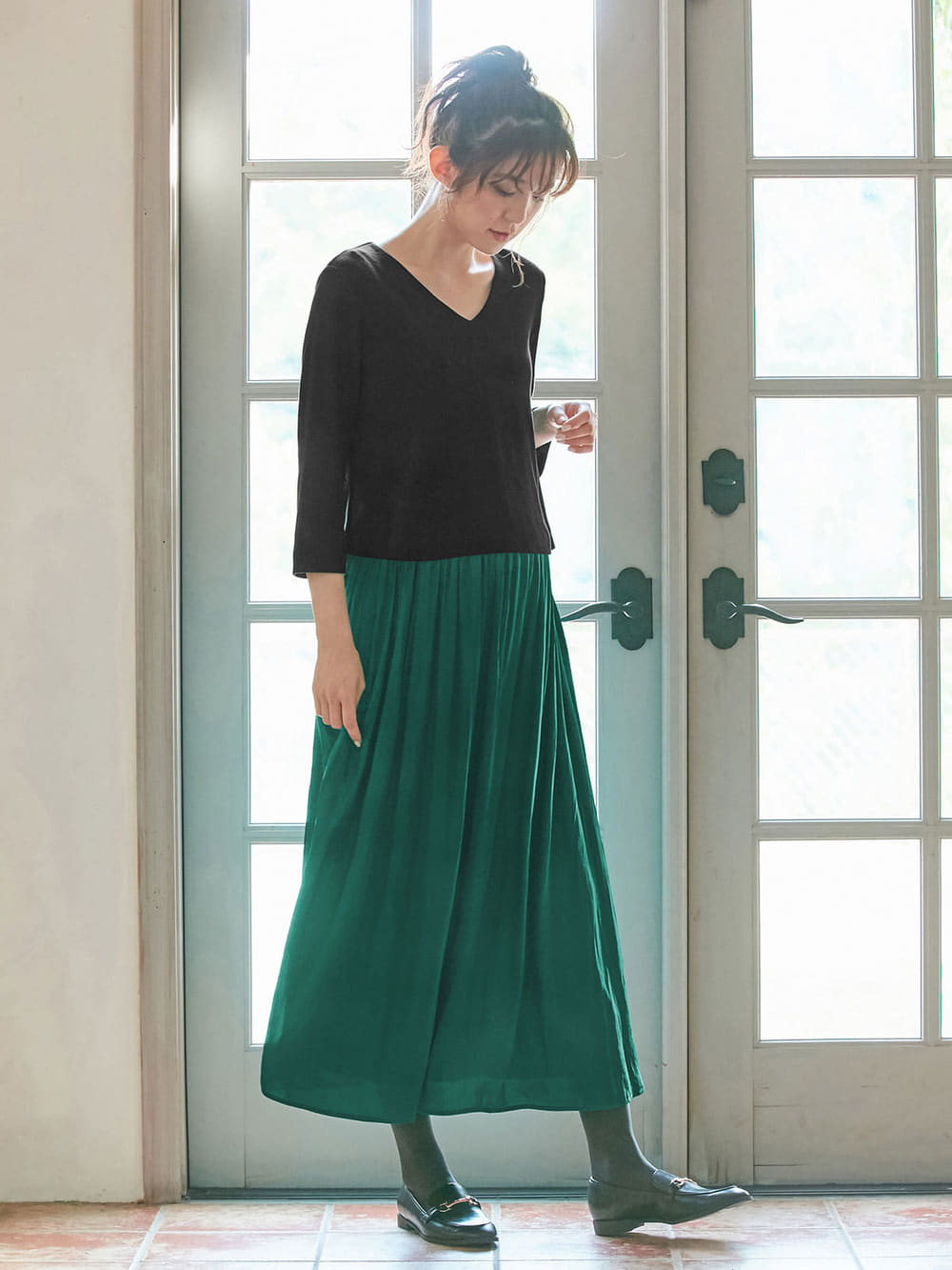 マタニティ ワンピース|八分袖異素材ギャザーロングワンピース　マタニティ・授乳服|ブラック×グリーン