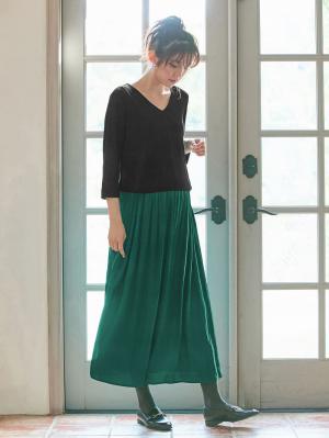 マタニティ ワンピース|八分袖異素材ギャザーロングワンピース　マタニティ・授乳服|ブラック×グリーン