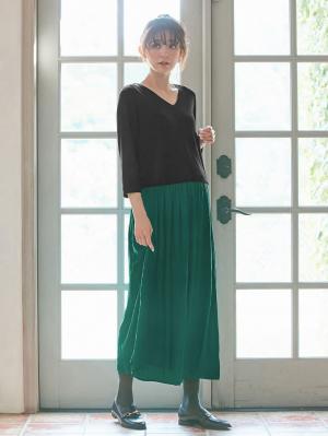 マタニティ ワンピース|八分袖異素材ギャザーロングワンピース　マタニティ・授乳服|ブラック×グリーン