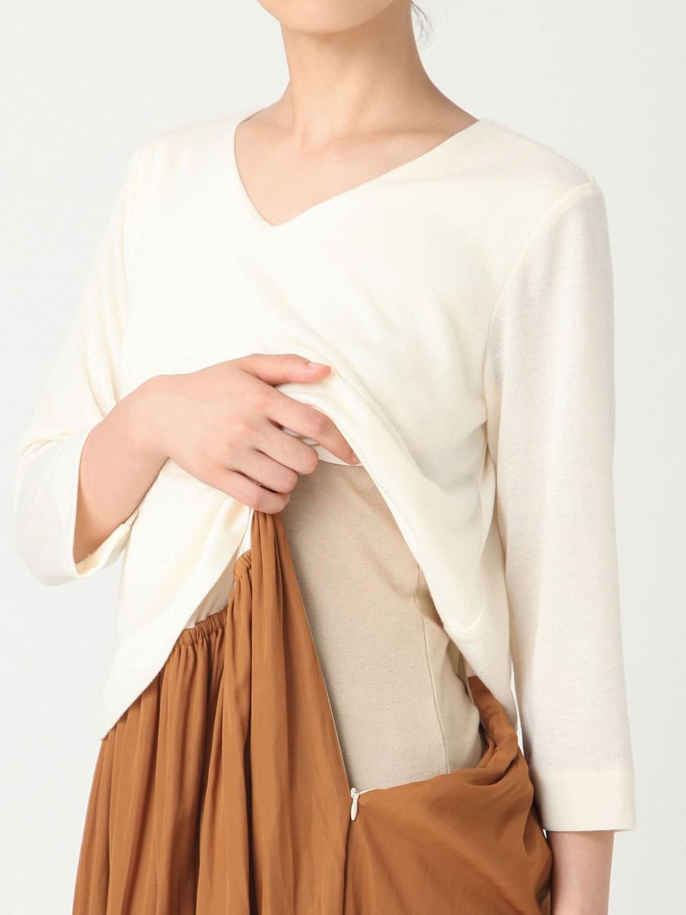 マタニティ ワンピース|八分袖異素材ギャザーロングワンピース　マタニティ・授乳服