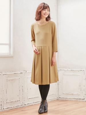 マタニティ ワンピース|七分袖タックワンピース　マタニティ・授乳服【出産後も長く使える】|ベージュ