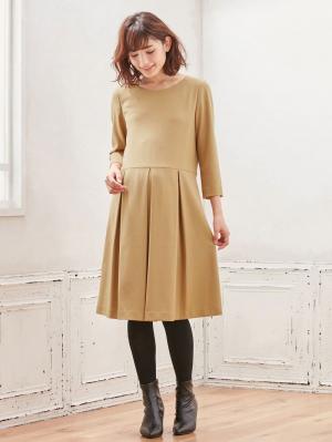 マタニティ ワンピース|七分袖タックワンピース　マタニティ・授乳服【出産後も長く使える】|ベージュ