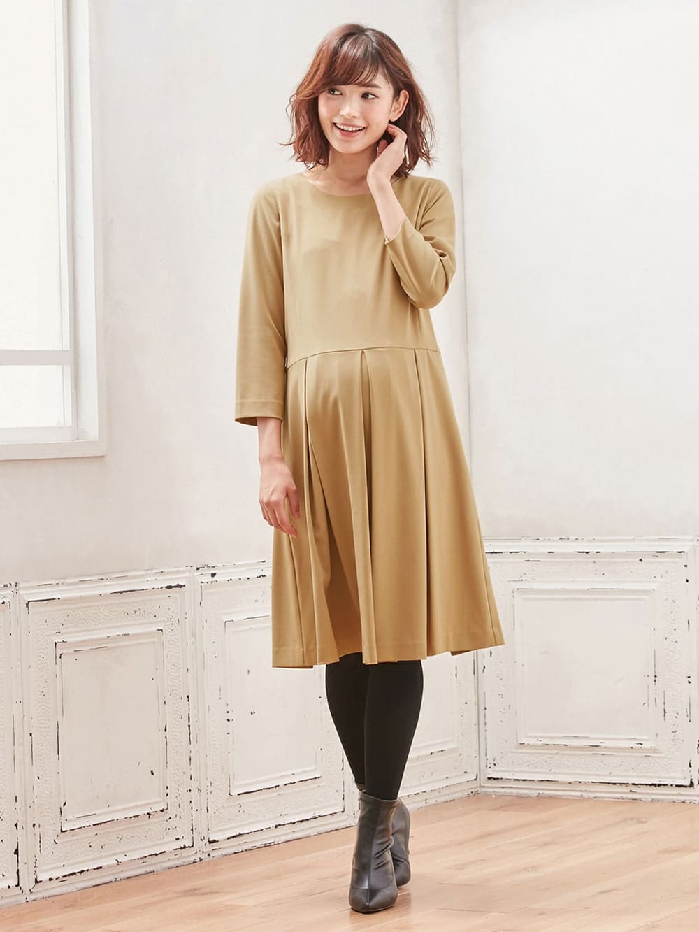 マタニティ ワンピース|七分袖タックワンピース　マタニティ・授乳服【出産後も長く使える】|ベージュ