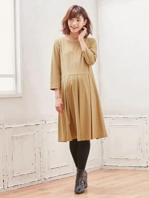 マタニティ ワンピース|七分袖タックワンピース　マタニティ・授乳服【出産後も長く使える】|ベージュ