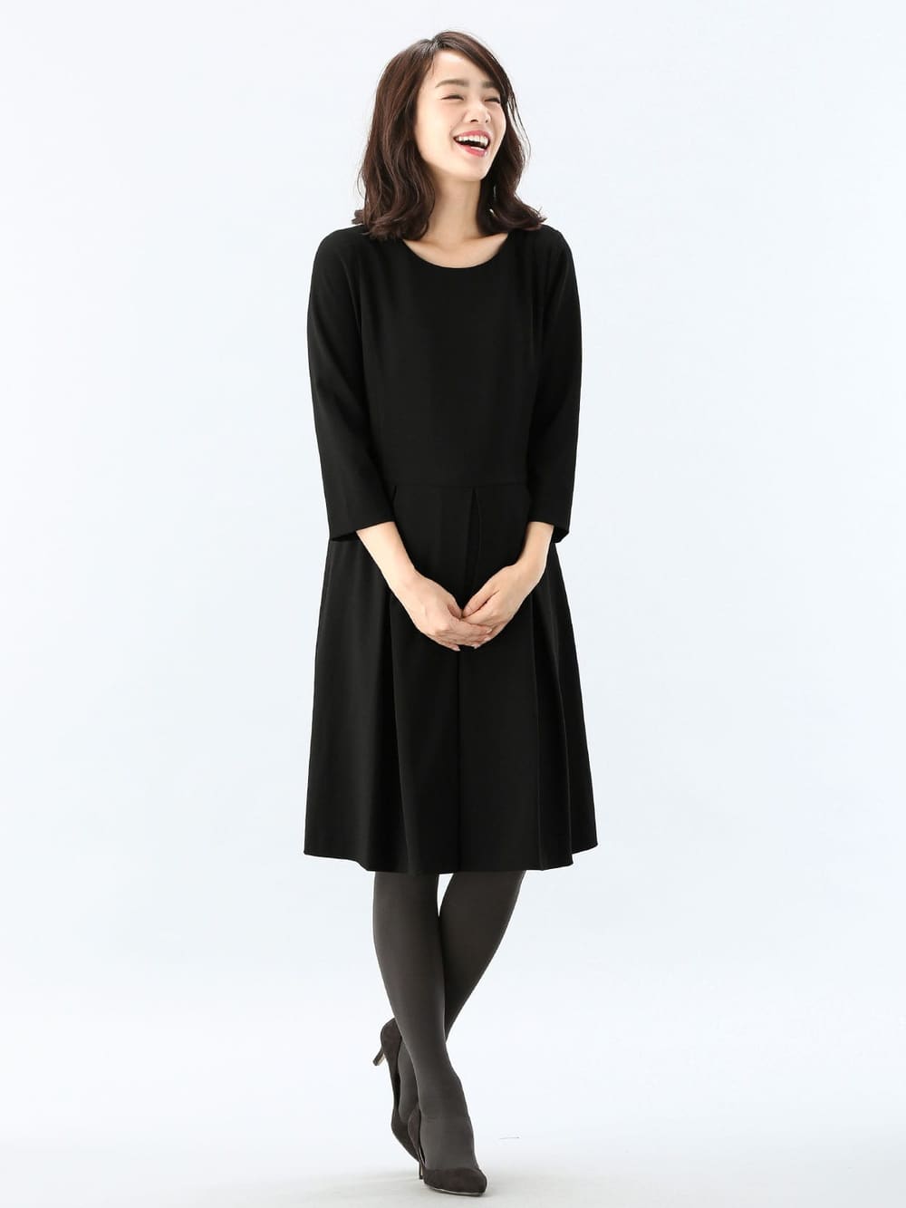 マタニティ ワンピース|七分袖タックワンピース　マタニティ・授乳服【出産後も長く使える】|ブラック