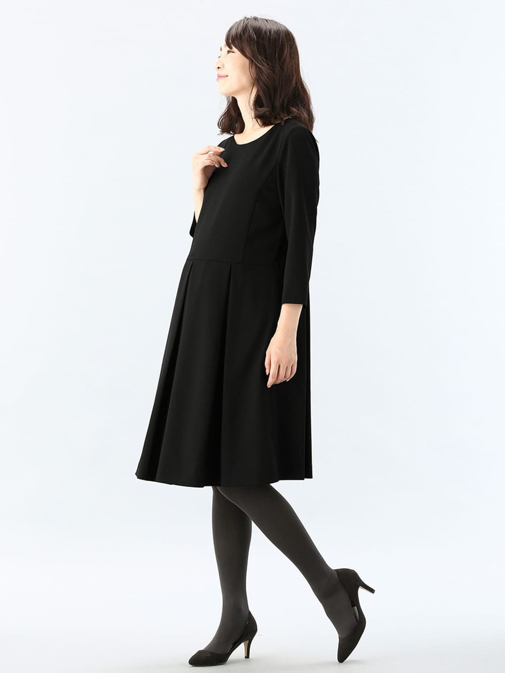 マタニティ ワンピース|七分袖タックワンピース　マタニティ・授乳服【出産後も長く使える】|ブラック