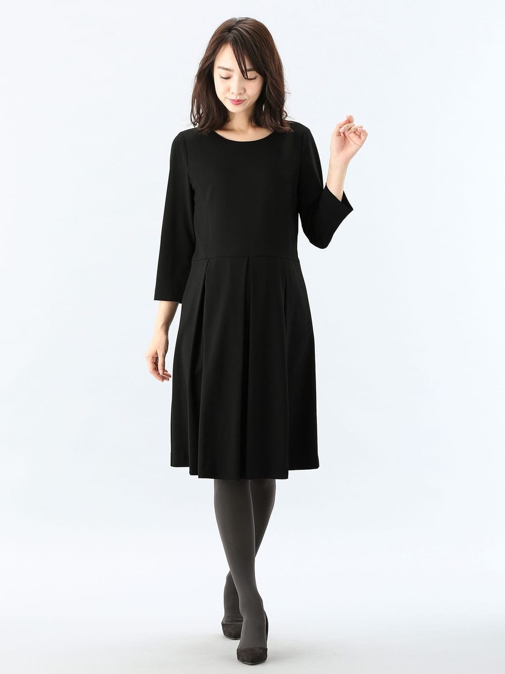 マタニティ ワンピース|七分袖タックワンピース　マタニティ・授乳服【出産後も長く使える】|ブラック