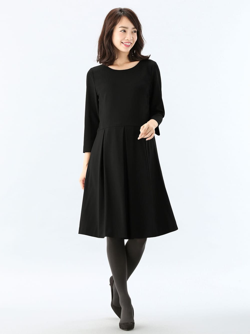 マタニティ ワンピース|七分袖タックワンピース　マタニティ・授乳服【出産後も長く使える】|ブラック