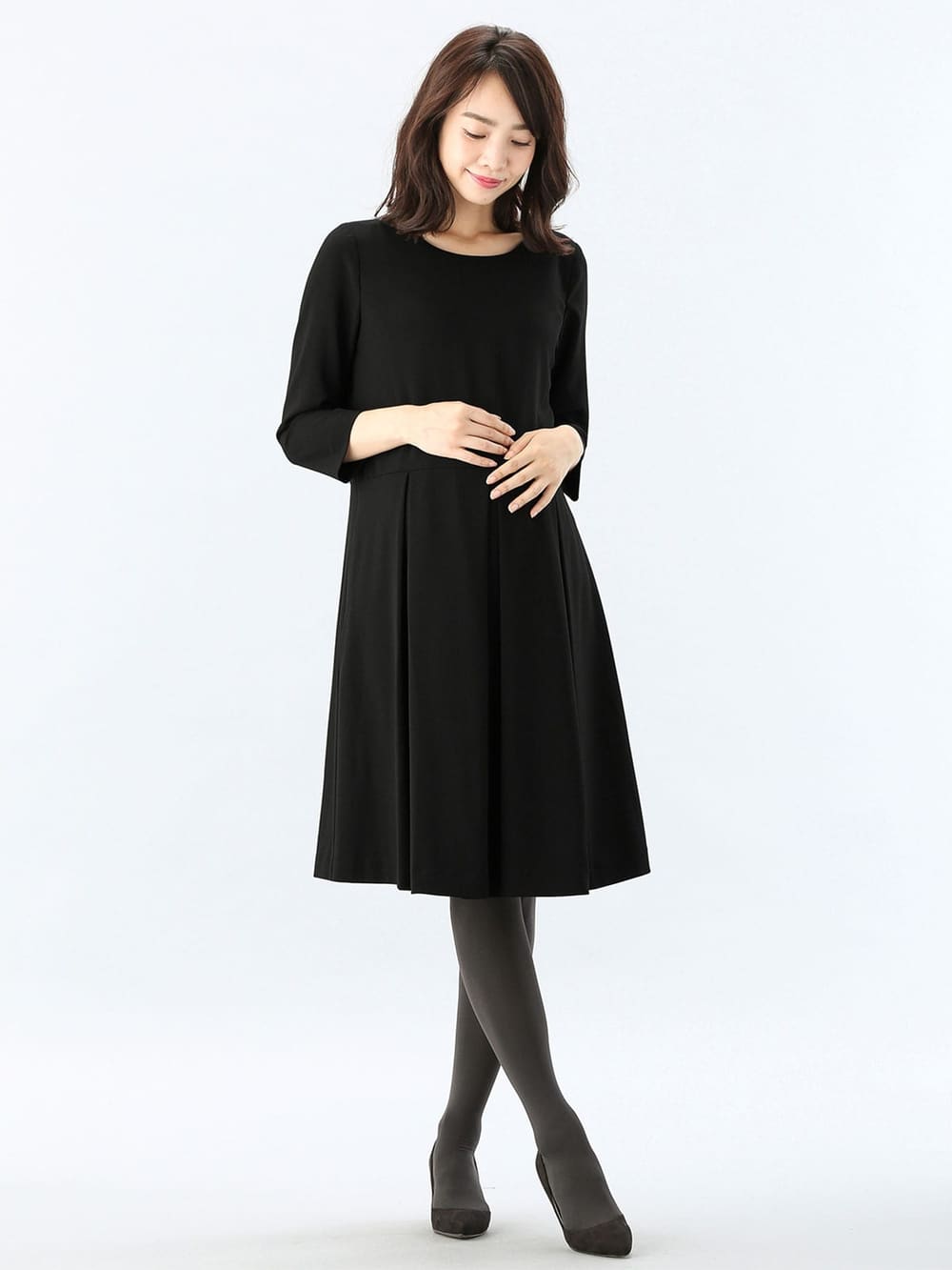 マタニティ ワンピース|七分袖タックワンピース　マタニティ・授乳服【出産後も長く使える】|ブラック
