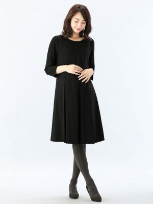 マタニティ ワンピース|七分袖タックワンピース　マタニティ・授乳服【出産後も長く使える】|ブラック