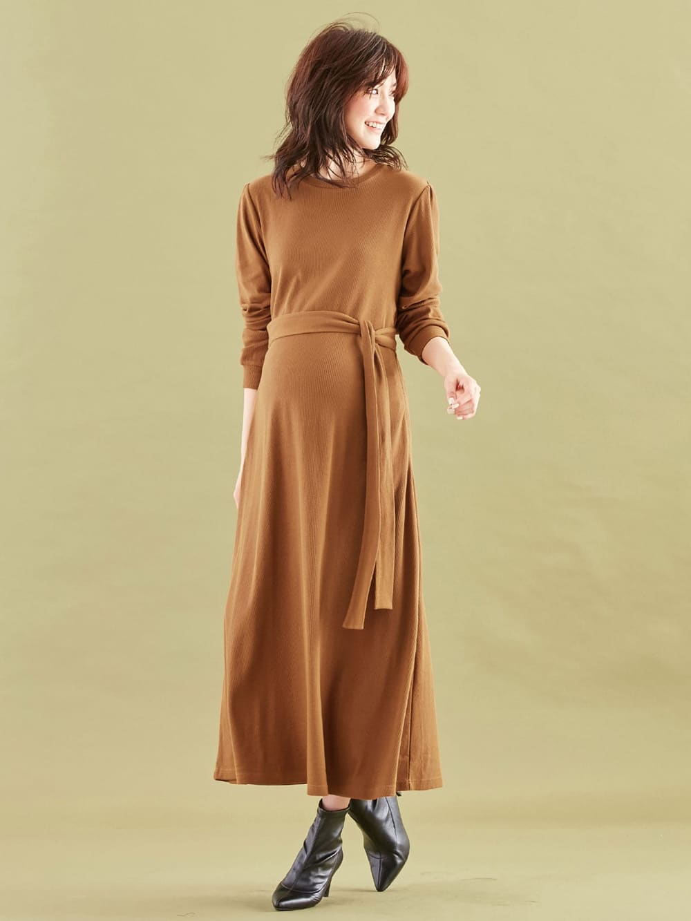 マタニティ ワンピース|テレコフレアロングワンピース マタニティ・授乳服【出産後も長く使える】|キャメル