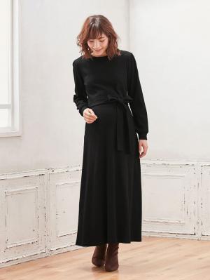 マタニティ ワンピース|テレコフレアロングワンピース マタニティ・授乳服【出産後も長く使える】|ブラック