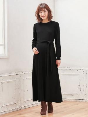 マタニティ ワンピース|テレコフレアロングワンピース マタニティ・授乳服【出産後も長く使える】|ブラック