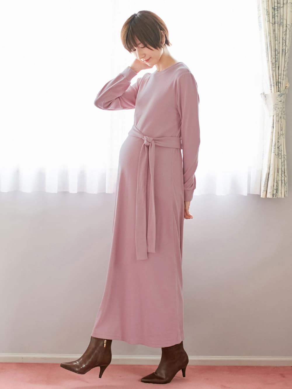 マタニティ ワンピース|テレコフレアロングワンピース マタニティ・授乳服【出産後も長く使える】|モーヴピンク
