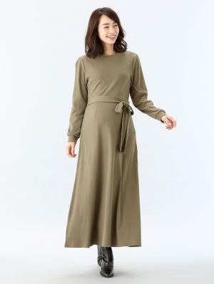 マタニティ ワンピース|テレコフレアロングワンピース マタニティ・授乳服【出産後も長く使える】|カーキ