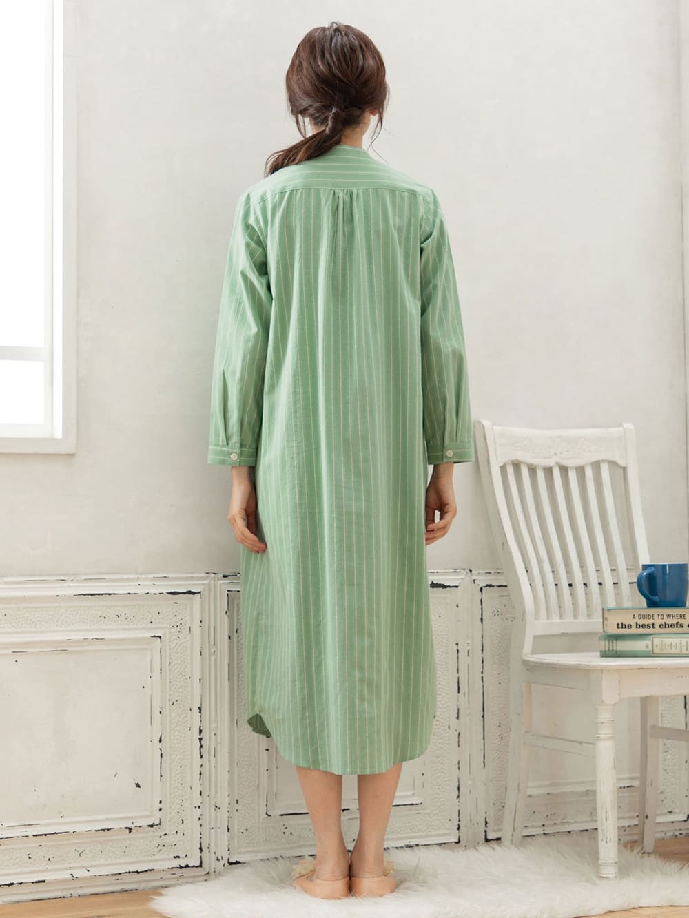 マタニティ パジャマ・ルームウェア|【授乳口付】ストライプ綿起毛ネグリジェ