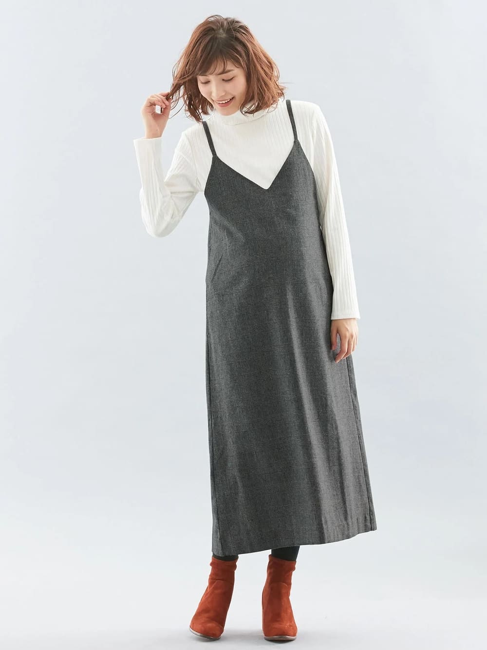 マタニティ ワンピース 授乳口付 セット 親子コーデ可 グレンチェックキャミワンピ タートルトップスセット マタニティウェア 授乳服通販 エンジェリーベ 公式