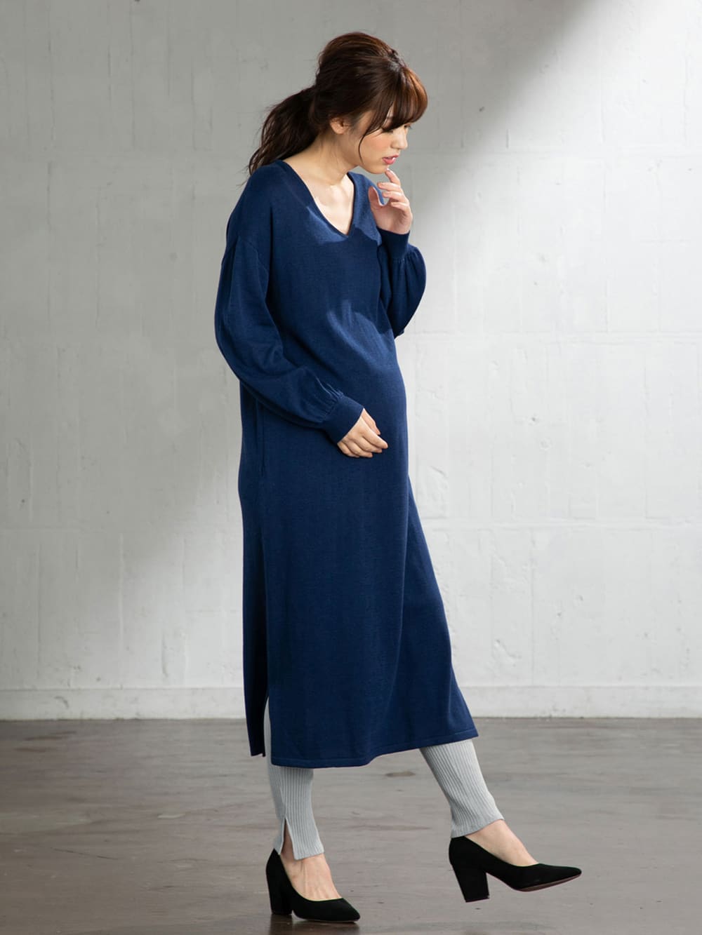 マタニティ パンツ|【マタニティ・授乳服】【産前産後対応】【親子コーデ可】リブスリットレギンス【出産後も長く使える】|杢グレー